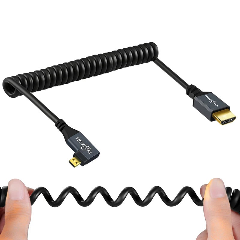 Twozoh Right Angled Coiled Micro HDMI to HDMI Cable, Micro HDMI to HDMI Coiled Cable 90°Degree Stretched Length 30cm to 150cm - Supports 3D/4K 1080p(5FT) - Image 1